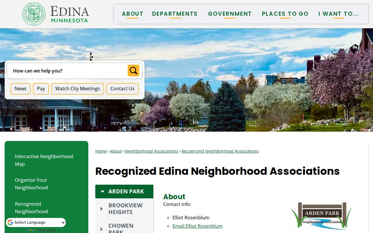 Edina neighbors reference showing the city recognized neighborhood associations page