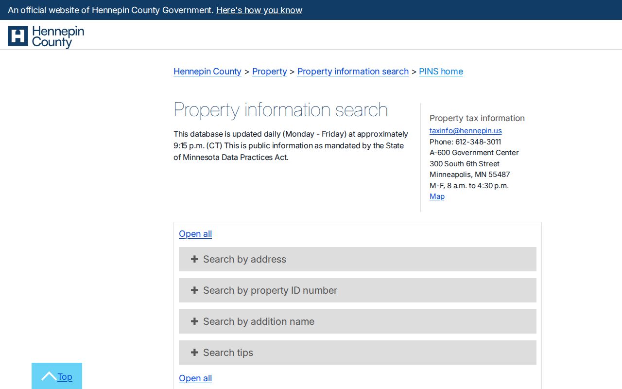 Edina street directory PINS property search fields