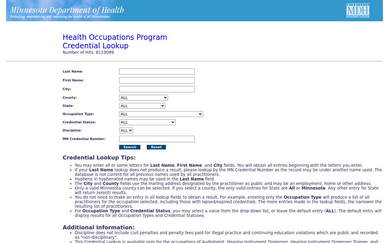 Edina ZIP code directory reference showing the MDH Health Occupations Credential Lookup