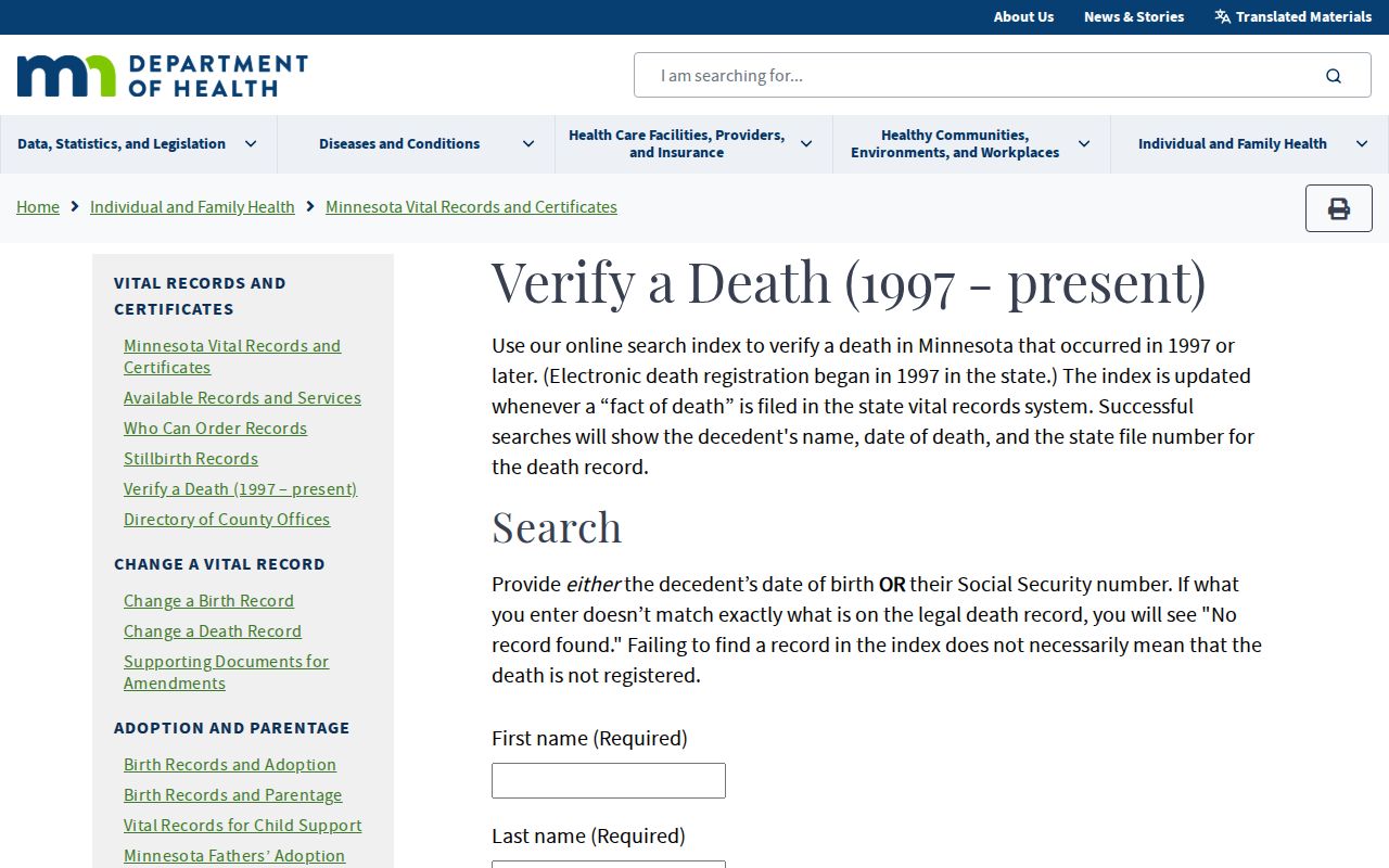 Edina resident lookup using the Minnesota death index search fields